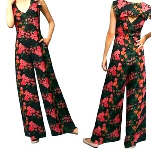 Plenty By Tracy Reese Women Red Black Watercolor Floral Jumpsuit Size M